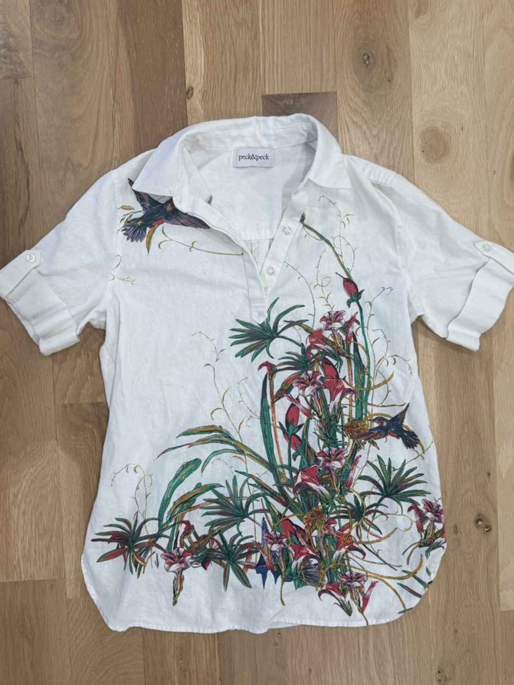 Peck & Peck White Linen Shirt with Tropical Floral & Bird Print Size Small